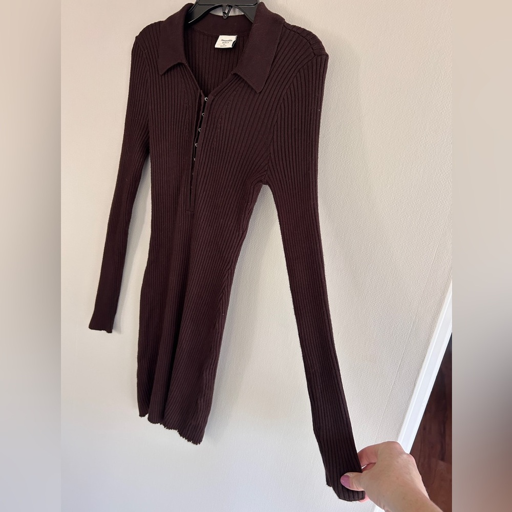 Y2K ABERCROMBIE & FITCH Chocolate Brown Ribbed Knit Polo Bodycon Mini Dress Sz S - Picture 6 of 10